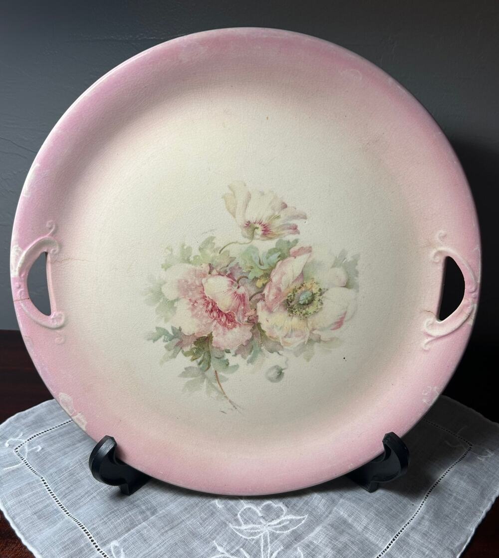 vintage pink floral plate with cut out handles